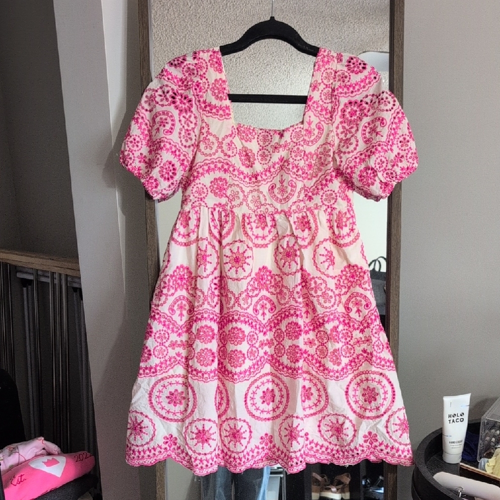 SundayUp Pink and White Embroidered Mini Dress